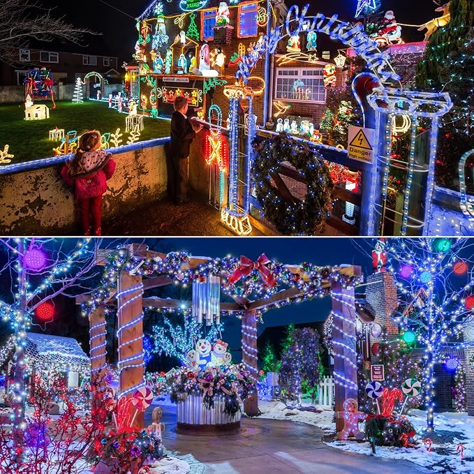 50ft LED Rope Lights Outdoor, 360 LED Connectable and Flexible Tube Lights with 8 Modes, Waterproof LED Rope Lighting for Garden Patio Bedroom Party Pool Indoor Outdoor Christmas Decor (White & Blue)