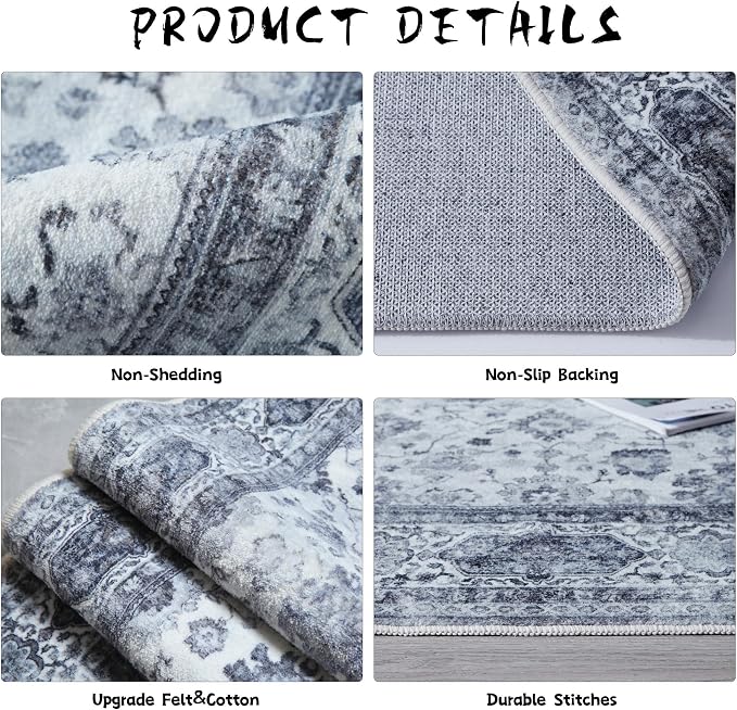 Rugcomf Runner Rug 2'6''x8' Hallway Washable Boho Soft Area Rug Non-Slip Faux Wool Vintage for Kitchen, Entryway, Laundry, Bedroom, Indoor (Grey and White)