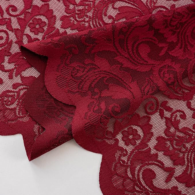 ALIGOGO Burgundy Curtains 84 Inches Long 2 Panels, Cottage Lace Sheer Maroon Curtains for Living Room, Farmhouse Rod Pocket Privacy Floral Scalloped Edges Burgundy Drapes, 52W x 84L Inch