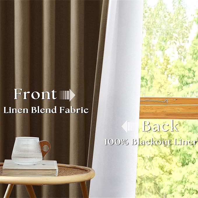 Dutch Cocoa Linen Blackout Curtains 45 Inch Length 2 Panels Pinch Pleated Back Tab Short Curtains for Kitchen with 100% Blackout Liner Rustic Farmhouse Drapes for Basement Thermal Insulated Drape