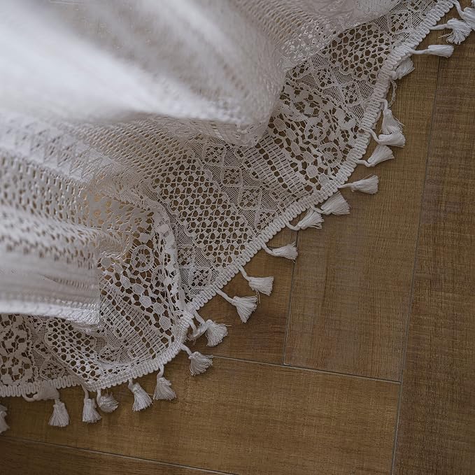 WAZZIO Boho Lace Curtains 84 Inches 2 Panel,Light Filtering Privacy Tassel & Geometry Crochet Semi Sheer Curtain Drapes for Bedroom Living Dining Room,Rod Pocket & Tassel,Victorian Decor,Off White