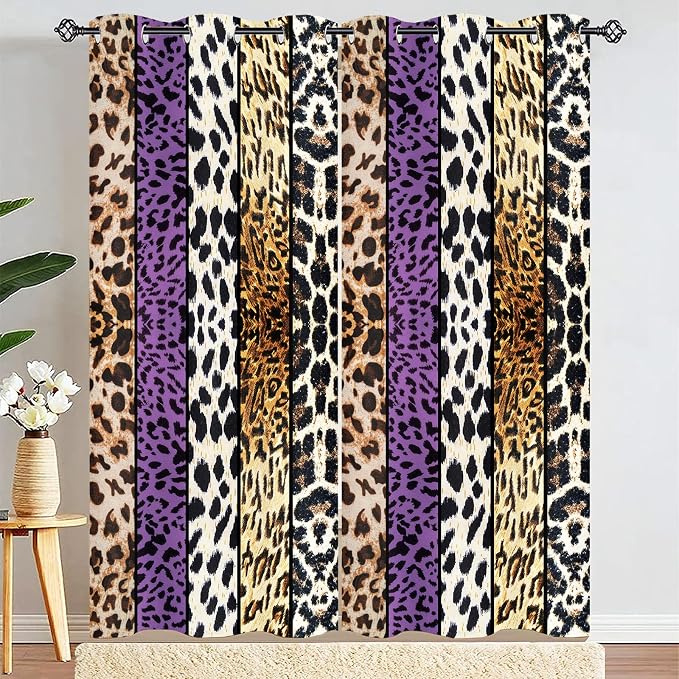 Wild Animal Print Curtain, Room Darkening Thermal Insulated Blackout Leopard Boa Window Drapes with Grommets for Living, Dining, Bedroom, Purple Leopard Print, 42"x 90", 2 Panels
