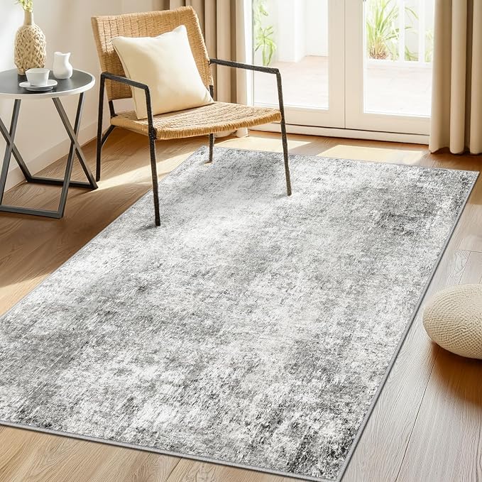 RELEANY Washable Area Rugs 4'x6' Non-Slip Modern Abstract Soft for Living Room Entryway Bedroom Kitchen, Print Pattern, Gray White Grey