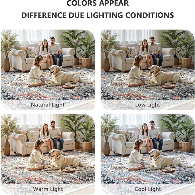 6x9 Area Rugs - Washable Rug Vintage Distress Boho Medallion Rugs for Living Room, Soft Non-Slip Backing Low Pile Carpet for Bedroom Dining Room Office Nursery Dorm Home, Blue Beige Orange
