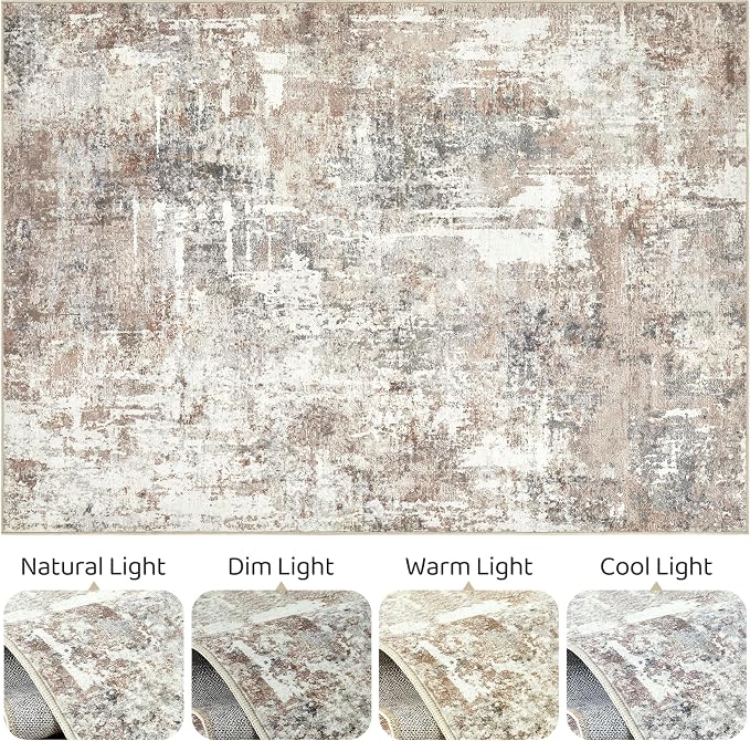 4x6 Rug Washable Area Rugs: Abstract Modern Soft Stain Resistant Indoor Floor Accent Non Slip Carpet for Living Room Entryway Kitchen Bedroom Nursery Office Bedside Home House Decor- Brown