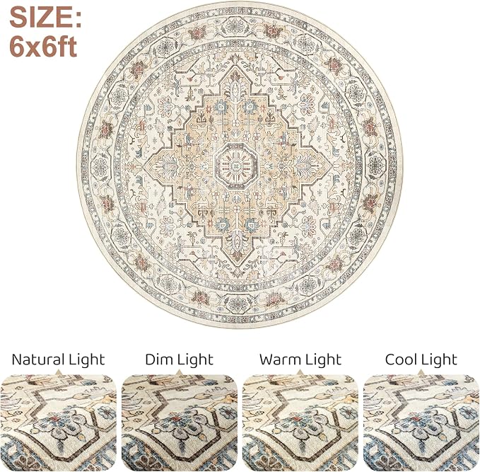 Round Rug Living Room Rugs: 6Ft Washable Boho Neutral Large Circle Soft Indoor Floral Stain Resistant Floor Farmhouse Carpet for Bedroom Nursery Kids Playroom Office Dining Room Dorm Home- Cream Blue