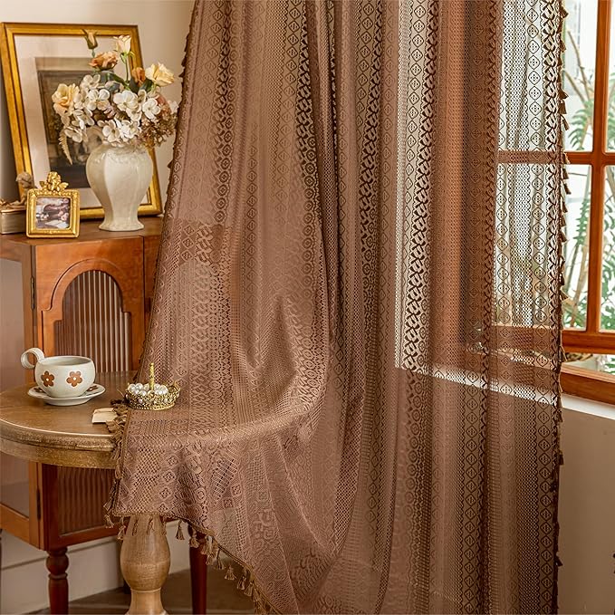 Sutuo Home Dark Coffee Lace Boho Curtains for Kitchen Nursery, Crochet Semi Sheer Macrame Bohemian Cottage Farmhouse Fringes Vintage Chic Window Treatment Drapes, Rod Pocket 1 Panel 59" W x 63" L