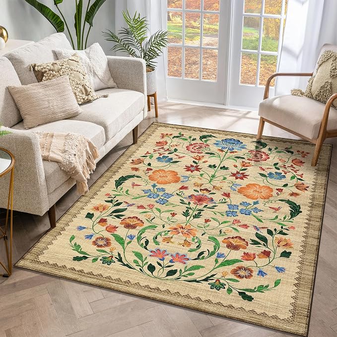 GarveeHome Washable Rug 4x6 Area Rugs for Living Room, Floral Rug for Bedroom, Soft Boho Non Slip Throw Rugs with Rubber Back, Low Pile Stain Resistant Vintage Floral Carpet for Dining Room, Beige