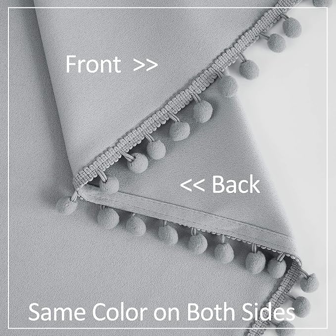 Treatmentex Grey Pompom Curtains for Bedroom Living Room 95 inch Triple Weave Half Blackout Window Curtains for Hotel Men's Guest Room Drapes 52" w x2 Panels Rod Pocket
