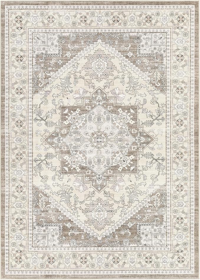 9x12 Vintage Area Rug: Washable Neutral Soft Non Slip Thin Large Floor Carpet for Living Room Bedroom Kitchen Dining Room Home Office Farmhouse Indoor - Brown