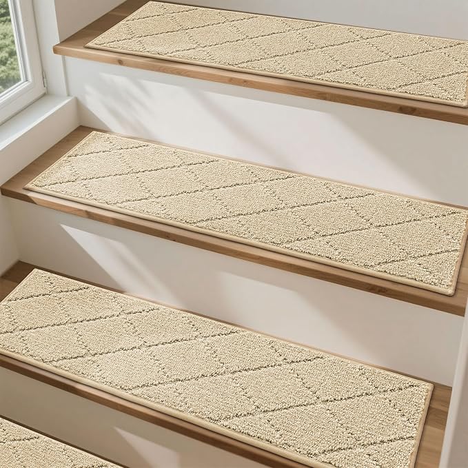 COSY HOMEER Stair Treads for Wooden Steps 9"x28",Washable Non Slip Carpet Stair Treads with Reusable Residue Free Backing Soft Peel and Stick Stair Runner Rugs for Kids Elders Pets,Warm Beige,15pcs