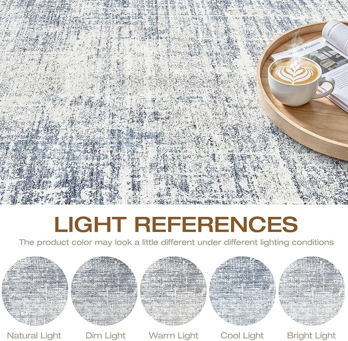 5ft Round Rug Living Room: 5x5 Washable Large Neutral Blue Circle Area Rug Abstract Soft Modern Stain Resistant Indoor Floor Non-Slip Carpet for Bedroom Nursery Kids Office Playroom Dining Room