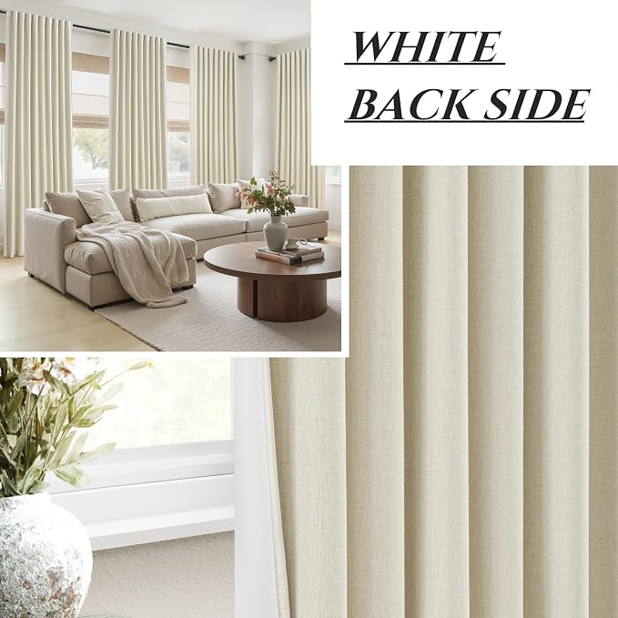 Cute Blackout Curtains 70 Inches Extra Wide Linen 84 Inch Length for Living Room/Sliding Glass Door,Pleated Heavy Duty Thermal Drapes for Winter Thick Large Window(70"Wx84"L 2 Panels Warm Cream)