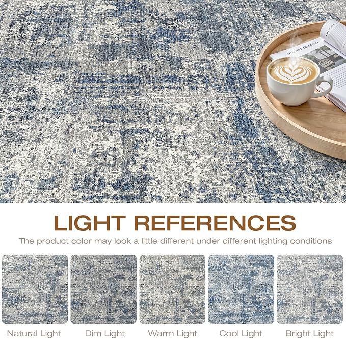 9x12 Area Rug Living Room: Washable Large Neutral Rug Abstract Soft Modern Stain Resistant Indoor Floor Non-Slip Carpet for Bedroom Nursery Kids Office Playroom Dining Room Under Table- Blue Gray