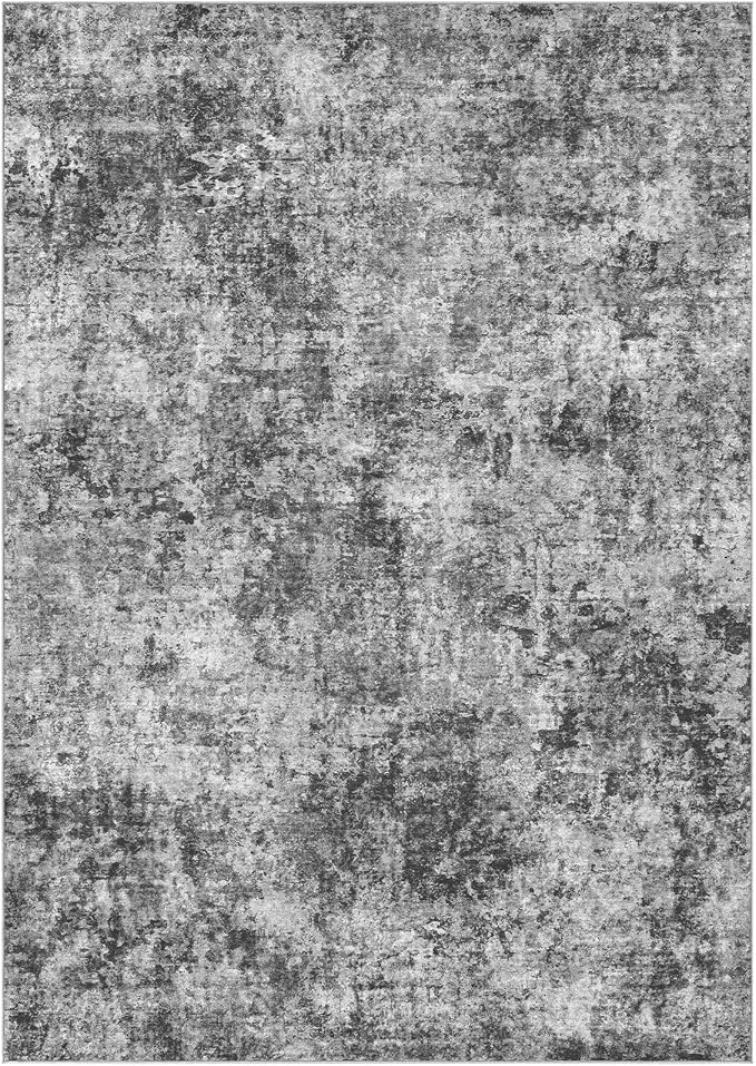 Tortania Washable 10x12 Area Rug for Living Room: Modern Abstract Neutral Large Soft Thin Rugs - Non Slip Indoor Carpet for Bedroom Dining Room Office Nursery Home Floor Decoration - Charcoal Grey