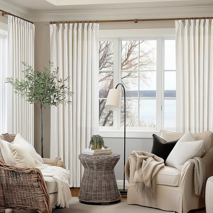 60 Inch Width Curtains 92 Inches Long Linen Pinch Pleated Curtains for Living Room Bedroom Semi Sheer Back Tab Hooks Rings Extra Wide Pinch Pleat Drapes for Patio Glass Door Natural Cream 1 Panel
