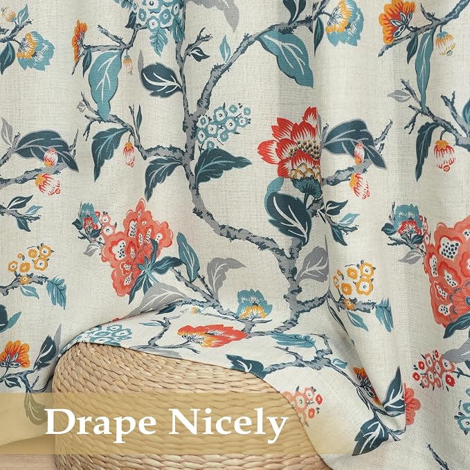 DriftAway Ada Floral Botanical Print Flower Leaf Lined Thermal Insulated Room Darkening Blackout Window Curtains 2 Layers Set of 2 Panels Each 52 Inch by 102 Inch Orange Teal Beige Linen