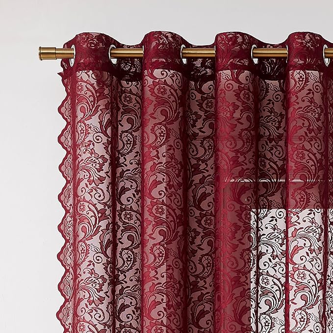 Bujasso Burgundy Lace Sheer Curtains for Small Window Bedroom Victorian Floral Embroidered Red Drapes with Scalloped Edge, Light Filtering & Privacy, Grommet Top 2 Panels 52Wx54L Inches