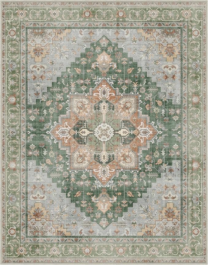 GENIMO 5x7 Area Rugs for Living Room, Machine Washable Non Slip Vintage Rugs, Low Pile Lightweight Print Rug for Bedroom, Dining Room, Home Office,Sage Green
