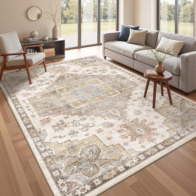 befbee 5x7 Area Rugs for Living Room, Stain Resistant Neutral Washable Rugs for Dining Rooms, Floral Vintage Non-Slip Thin Large Size Area Rug(Brown)