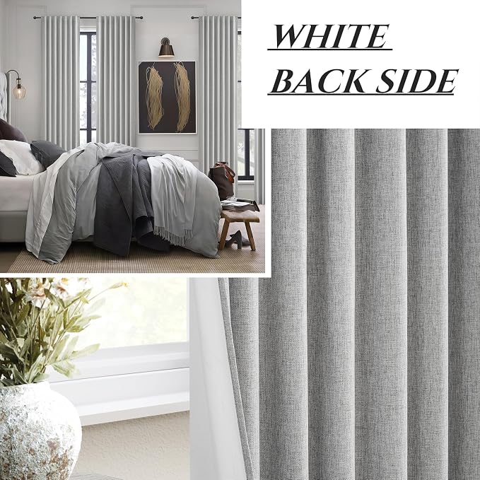 Grey Linen Room Darkening Curtains 96 Inches Long 2 Panels Set for Sliding Glass Doors, Cottage Core Blackout Pleat Light Gray Aesthetic Drapes Soundproof Privacy 8 FT Window Curtain for Office Burg