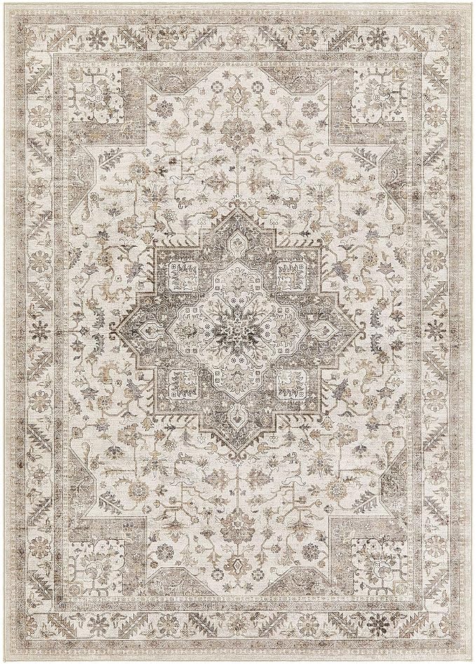 Vintage Living Room Area Rug 7x9 - Large Soft Washable Oriental Traditional Distressed Farmhouse Rugs for Bedroom - Indoor Floor Accent Carpet for Home Office House Decor - Light Brown