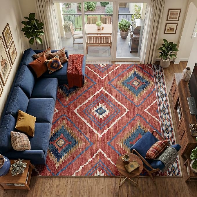 BESTSWEETIE Area Rug 8x10 Machine Washable Non-Slip Low Pile Tribal Western Rug for Living Room Bedroom Entryway - Red/Orange