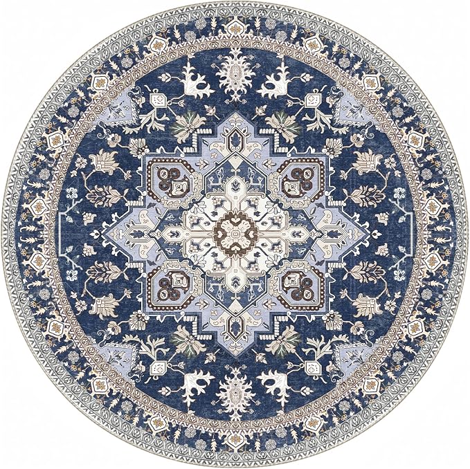 OPPODREAM Soft Round Rug 4ft, Washable Circle Rug 4ft with Non Slip Backing Play Room, Low-Pile Carpet 4 ft, Small Faux Cashmere Throw Carpet, Navy Blue & Gold