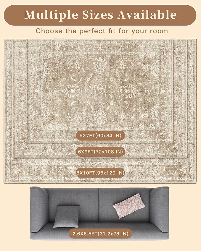 Madane Rug Runner for Hallways 2.5x8, Washable Kitchen Runner Rugs with Non Slip Backing, Soft Floral Print 2'6''x8 Carpet Runners for Laundry Room, Bedroom, Beige/Brown