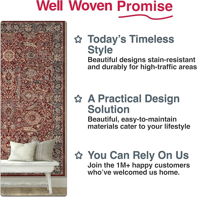 Well Woven Asha Collection Elegant Red Oriental 6x9 Rug Perfect for Living Room Dining Room or Bedroom Ideal for High-Traffic Areas with Vintage-Inspired Low Pile
