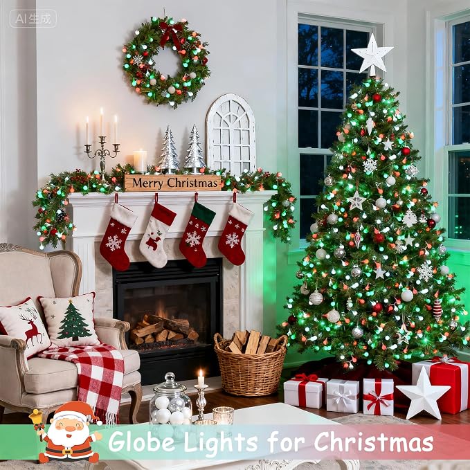 JMEXSUSS 33ft 100 LED Globe Red White and Green Christmas String Lights | Connectable Christmas Lights Plug in with Remote, 8 Modes Fairy Lights Outdoor for Christmas Room Party Home Decor