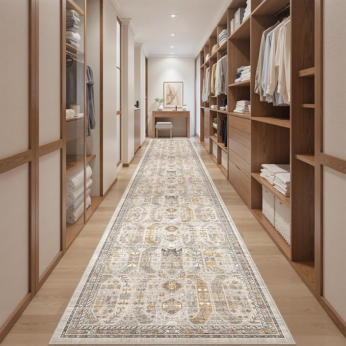 2'6" x 16'Non Slip Runner Rugs - Runners for hallways, Kitchen,Entryway,Stain Resistant Washable Rugs for Bedroom, Indoor Vintage Area Rugs (Brown/Gold,2'6" x 16')