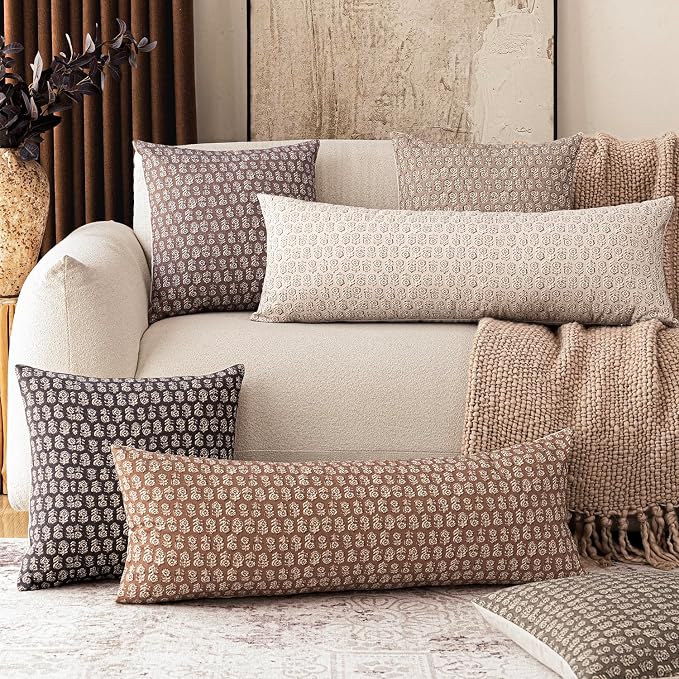 Foindtower Set of 2 Decorative Long Body Lumbar Throw Pillow Covers Neutral Farmhouse Cushion Covers Vintage Home Decor for Sofa Couch Chair Bedroom Living Room,14×36 Inch,Light Orange Brown