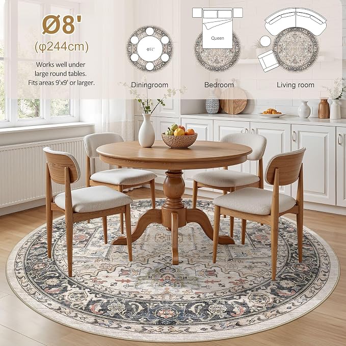 Area Rug for Living Room - 8x8 Large Soft Washable Oriental Vintage Floral Carpet Safe for Babies & Pets - Fade Stain Resistant Non Slip Rugs for Bedroom Dining Room Nursery Dorm Office Home Decor