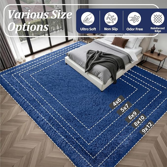 Fluffy 5x7 Area Rugs for Living Room Bedroom: Ultra Soft Shag Rug Non-Slip Non-Shedding Small Plush Bedside Rug Indoor Floor Carpets for Kids Room Playroom Entryway Nursery Dorms Home Decor Blue
