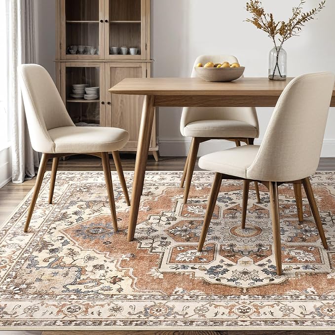 8x10 Washable Area Rug: Vintage Neutral Soft Non Slip Thin Large Floor Carpet for Living Room Bedroom Kitchen Dining Room Home Office Farmhouse Indoor - Brick Red