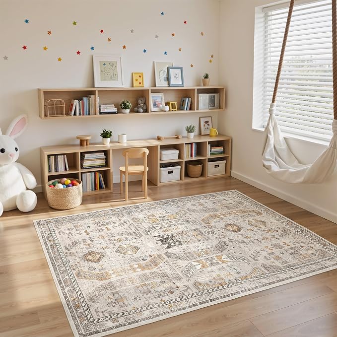 befbee 4x6 Rugs for Living Room Bedroom,Non-Slip Washable Rug,Stain Resistant Lightweight Area Rugs for Dining Room,Ultra-Thin Indoor Floor Carpet (Brown/Gold, 4'x6')