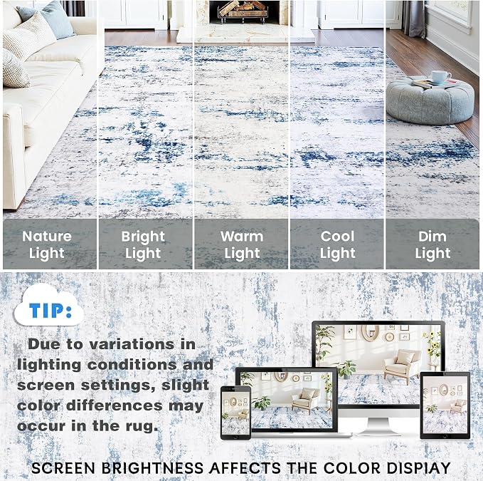 Area Rugs 10x14 Living Room: Large Soft Washable Rug Modern Abstract Anti-Skid Non-Shedding Carpet Indoor Floor Thin Carpets for Bedroom Dining Room Farmhouse Nursery Home Office White Gray Blue