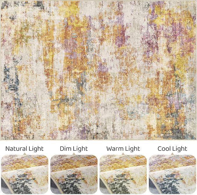 10x13 Area Rug Living Room: Washable Large Abstract Modern Soft Stain Resistant Indoor Floor Rugs Non-Slip Accent Carpet for Bedroom Nursery Playroom Office Dining Room Dorm Home House- Gold Colorful