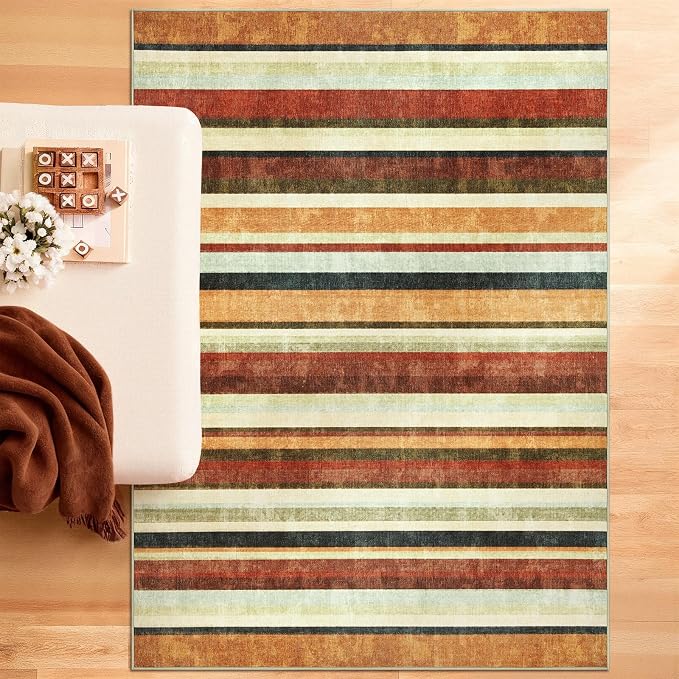 jinchan 5x7 Area Rug Modern Striped Rug Washable Rug Soft Large Indoor Floor Cover Non Slip Colorful Carpet for Bedroom Kitchen Dining Room Home Office, Caramel Dusk