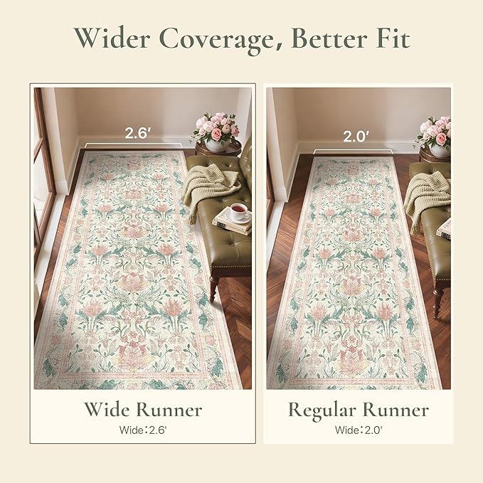 Bavni 2'6''x6 Runner Rug,Microfiber Washable Non-Slip Vintage Floral Rugs,Low Pile Lightweight Carpet for Bedroom,Hallway,Entryway,Kitchen,Bathroom, Beige&Pink