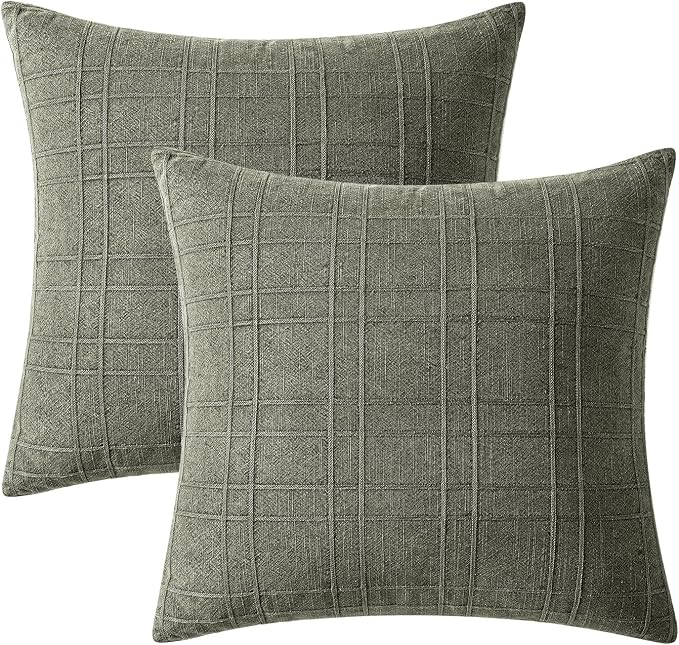 MIULEE Decorative Linen Check Euro Shams Throw Pillow Covers Neutral Farmhouse Vintage Spring Pillow Covers 24x24 Set of 2 Boho Modern Home Decor for Sofa Couch Bedroom Cushion Olive Green