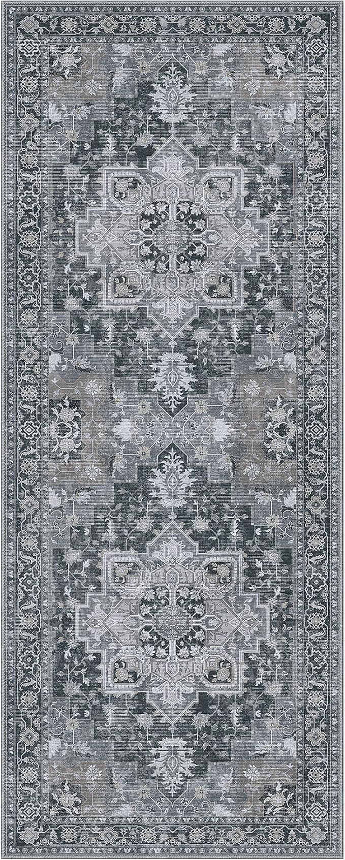 GENIMO 2'6''x8 Runner Rugs for Hallway, Machine Washable Non Slip Vintage Rugs, Low Pile Lightweight Soft Print Rug for enrtyway, Corridor, Home Office, Kitchen,Dark Gray