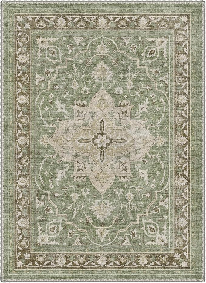 GENIMO 5x7 Area Rug for Living Room, Machine Washable Non Slip Low Pile Lightweight Print Pattern, Bedroom Dining Room Home Office Floral Medallion Sage Green