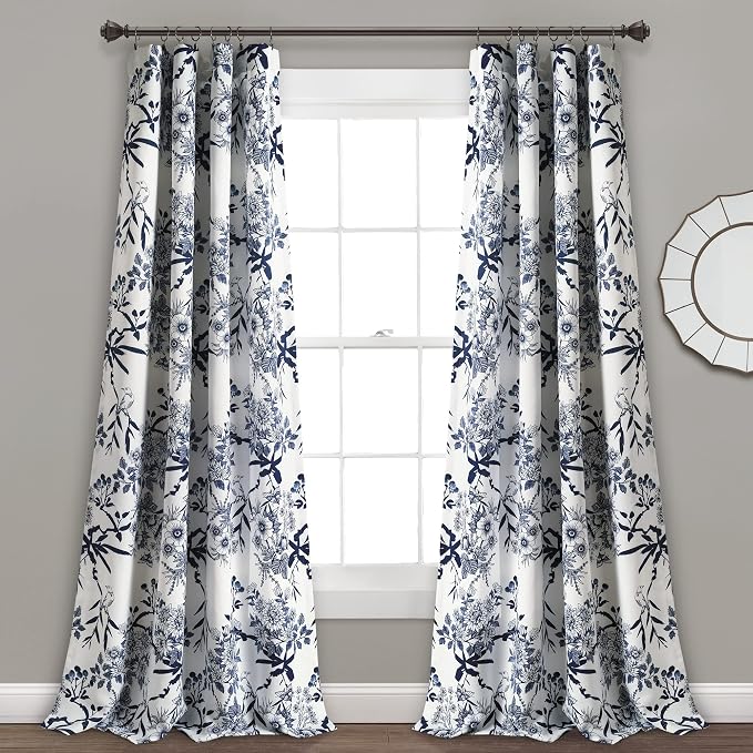 Lush Decor Botanical Garden Curtains Floral Bird Print Light Filtering Window Panel Drapes Set for Living, Dining, Bedroom (Pair), Navy, 52"W x 63L"