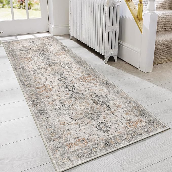 GENIMO 3x14 Runner Rugs for Hallway, Machine Washable Non Slip Vintage Rugs, Low Pile Soft Print Rug for enrtyway, Corridor, Home Office,Light Taupe Brown