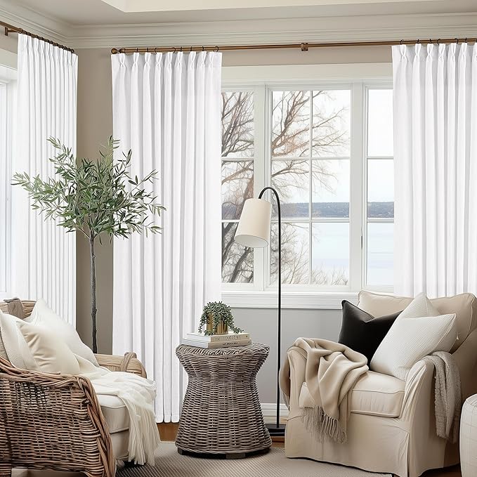 TWODRAPES 60 Inch Width Curtains 92 Inches Long Linen Pinch Pleated Curtains for Living Room Bedroom Semi Sheer Back Tab Hooks Rings Extra Wide Pinch Pleat Drapes for Patio Glass Door White 1 Panel