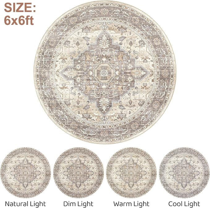Round Rug Living Room Rugs: 6Ft Washable Boho Neutral Large Circle Soft Indoor Floral Stain Resistant Floor Farmhouse Carpet for Bedroom Nursery Kids Playroom Office Dining Room Dorm Home- Beige Brown