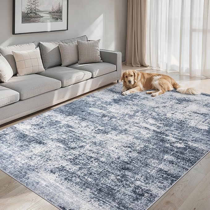 Area Rugs Living Room Rug - 4x6 Washable Modern Abstract Soft Neutral Non-Slip Carpet Large Indoor Floor Thin Carpets for Bedroom Dining Room Farmhouse Nursery Home Office Grey Blue