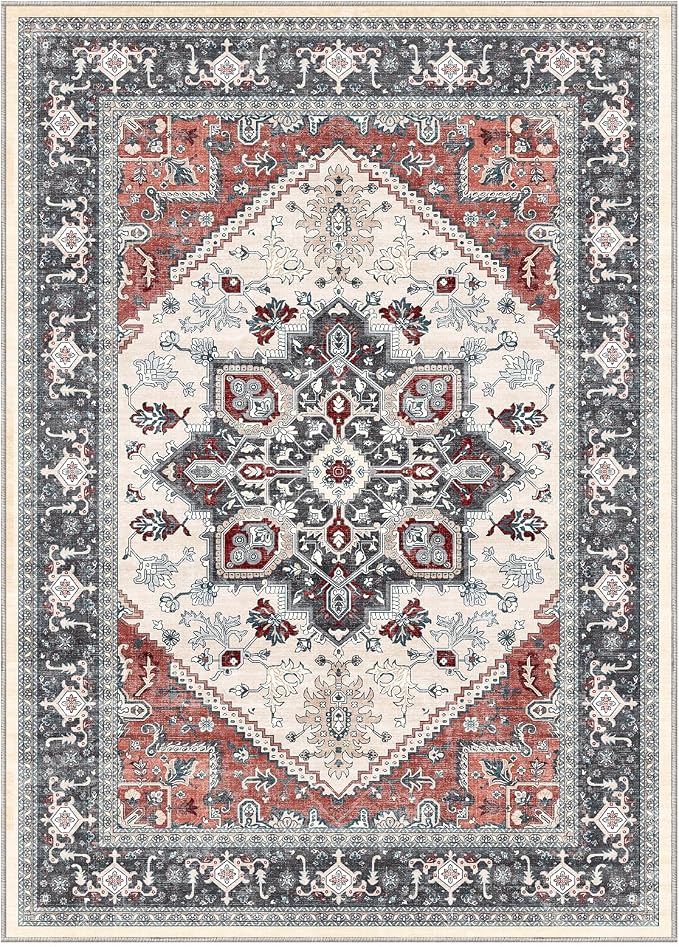 OPPODREAM Soft Area Rugs 5x7, 5x7 Washable Rug with Non Slip Backing, 5 x 7 Faux Cashmere Low-Pile Carpet, Black & Red